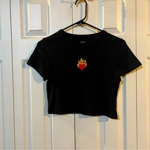 Black micro tee, heart on fire patch on the front. Super stretchy and cute.